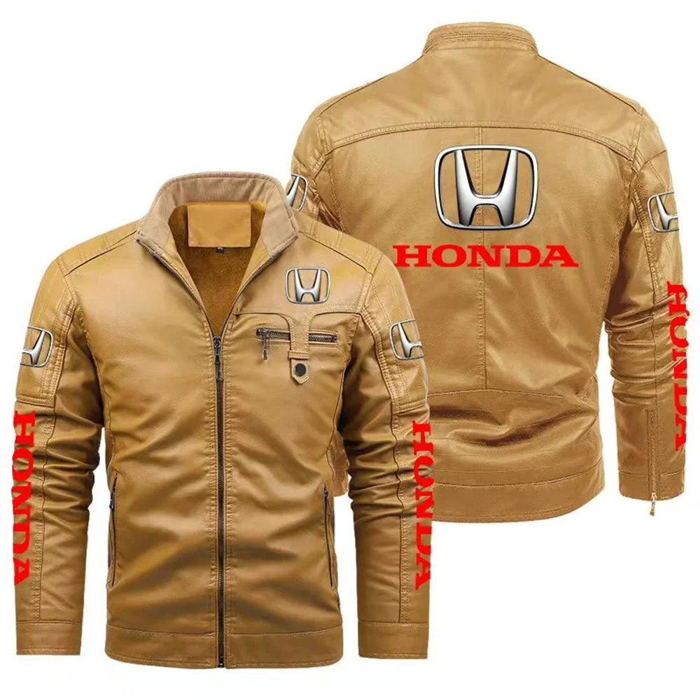 Men's Vintage Warm Leather Jacket Honda Motorcycle Racing Zipper Windbreaker Top Outdoor Fashion Winter 3