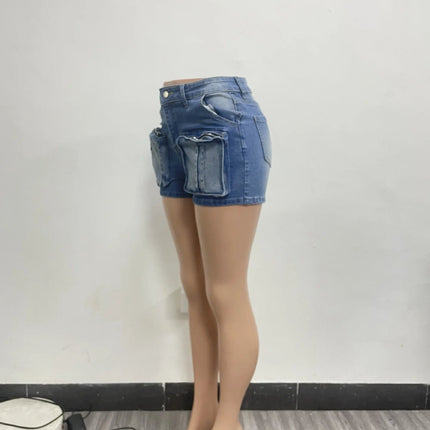 Cargo Jean Women Denim Shorts Solid Jean Spliced Pockets High Waist Distressed Washed Slim Casual Summer Zipper Fly 2026 PlatiNum