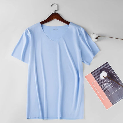 2025 Men's Thin Short Sleeve Ice Silk Without Summer Solid Color T Shirt Trace Slim V-neck Bottoming Seamless Short Sleeve PlatiNum