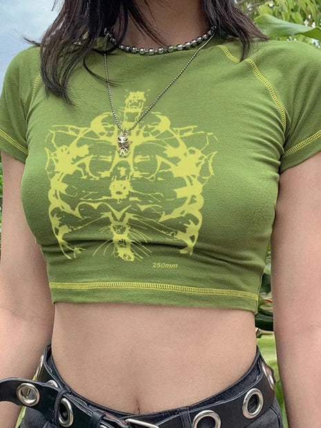 Y2K nero dolce ragazza slim stampa teschio divertente grafica vintage vestiti crop top E-girl
