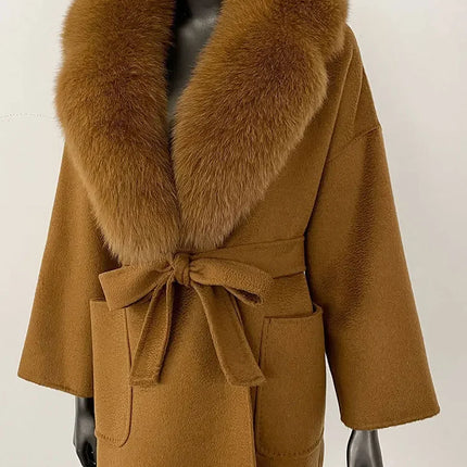 CXFS 2025 Winter Fashion Women Double-sided Wool Cashmere Coat with Detachable Natural Fox Fur Collar New design suit collar