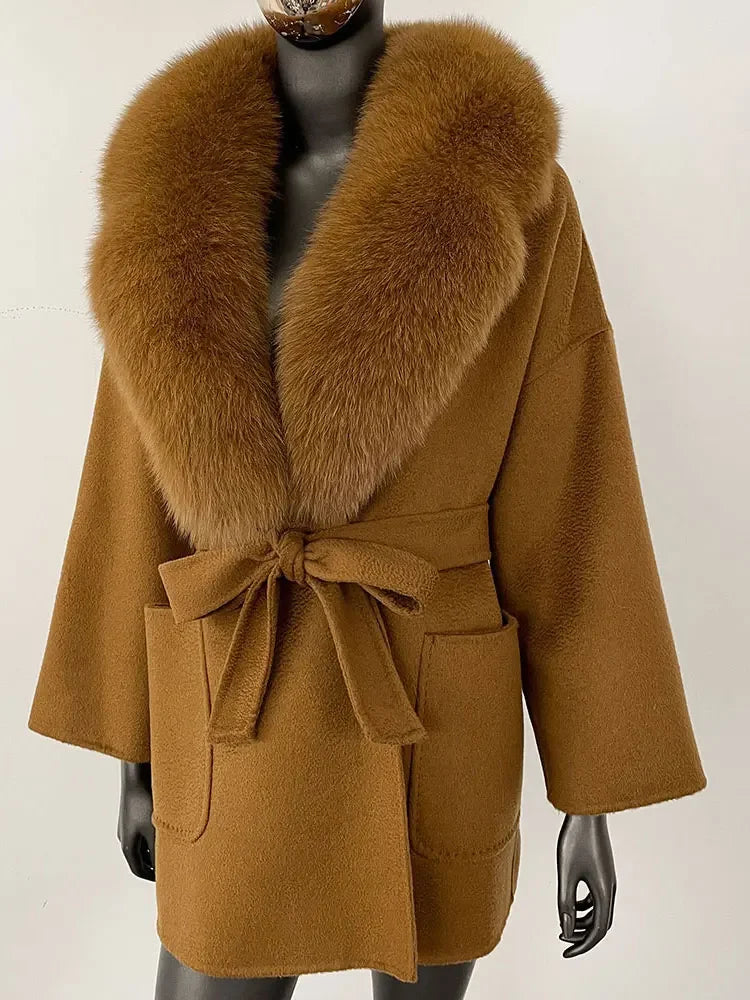 CXFS 2025 Winter Fashion Women Double-sided Wool Cashmere Coat with Detachable Natural Fox Fur Collar New design suit collar