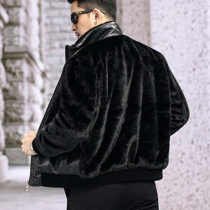 Winter Stand-Up Collar Men's Fashionable Casual Warm Faux Mink Fur Spliced Pu Leather Jacket
