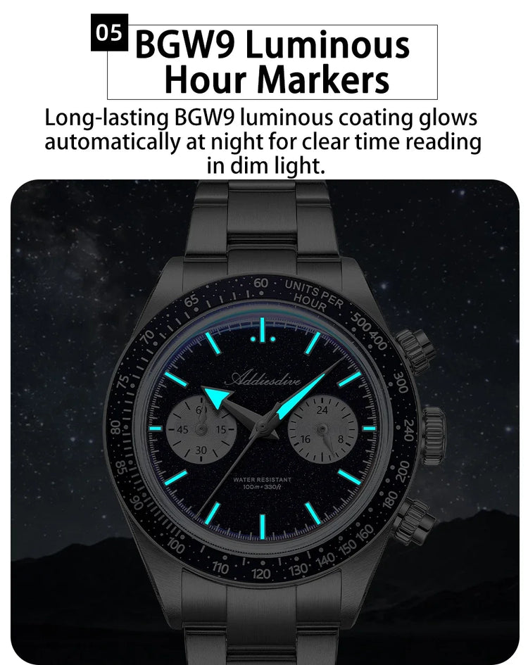 ADDIESDIVE Luxury Mens Watch New AD2558 VK64 Quartz Chronograph Stainless Steel Blue Sandstone Dial Luminous 100M Waterproof