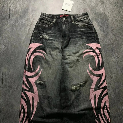 Y2K Street Retro Jeans Donna Pantaloni larghi con stampa totem screziati Moda Hip Hop Trend Coppia allentata Pantaloni larghi a gamba larga dritti americani