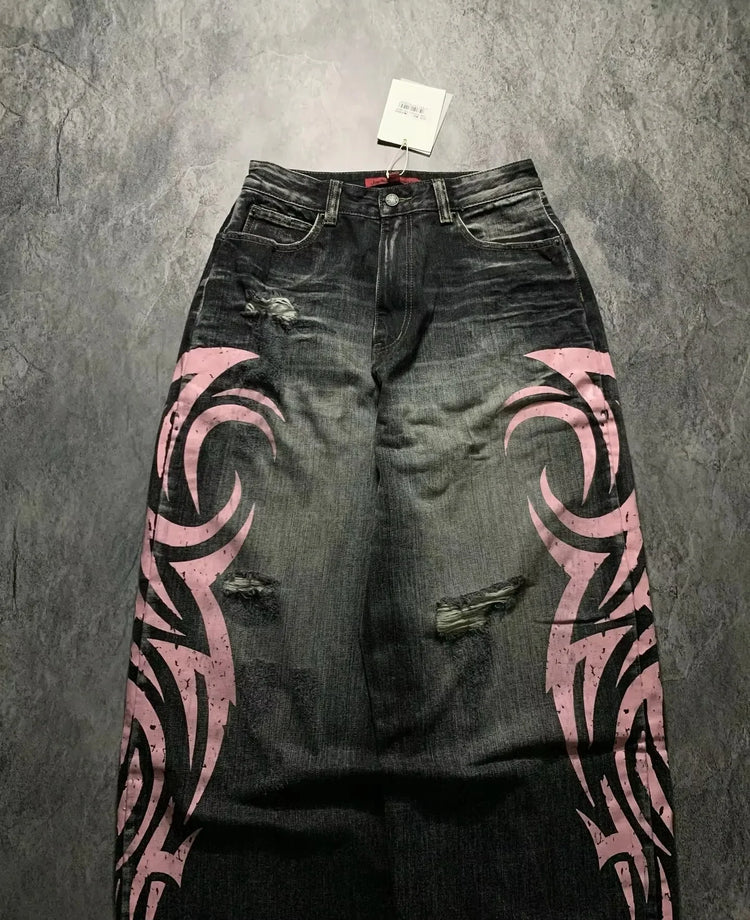 Y2K Street Retro Jeans Donna Pantaloni larghi con stampa totem screziati Moda Hip Hop Trend Coppia allentata Pantaloni larghi a gamba larga dritti americani