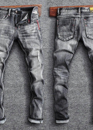 Italian Style Fashion Men Jeans Retro Gray Elastic Slim Fit Ripped Jeans Men Trousers Vintage Designer Casual Denim Pants Hombre PlatiNum