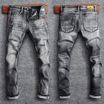 Italian Style Fashion Men Jeans Retro Gray Elastic Slim Fit Ripped Jeans Men Trousers Vintage Designer Casual Denim Pants Hombre PlatiNum
