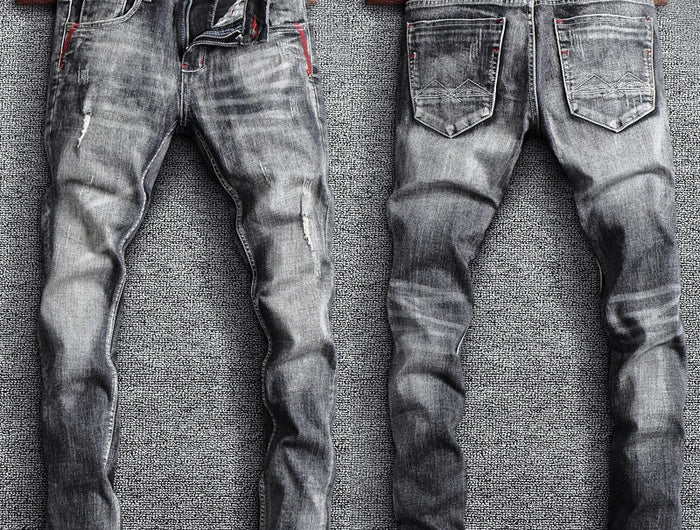 Italian Style Fashion Men Jeans Retro Gray Elastic Slim Fit Ripped Jeans Men Trousers Vintage Designer Casual Denim Pants Hombre PlatiNum