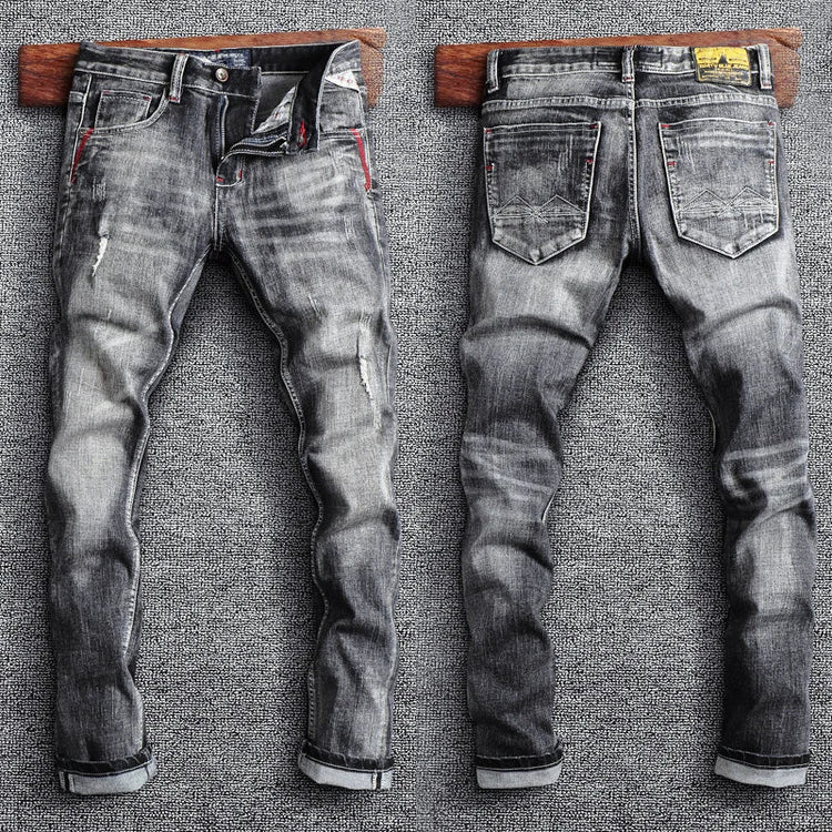 Italian Style Fashion Men Jeans Retro Gray Elastic Slim Fit Ripped Jeans Men Trousers Vintage Designer Casual Denim Pants Hombre PlatiNum