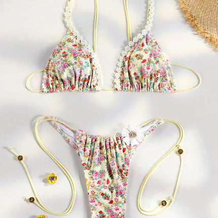 Set Bikini Triangolo Sexy Micro Thong, Costume da Bagno Donna, Biquini con Lacci, Abbigliamento da Spiaggia Stampato, Bikini Thong platinumshop