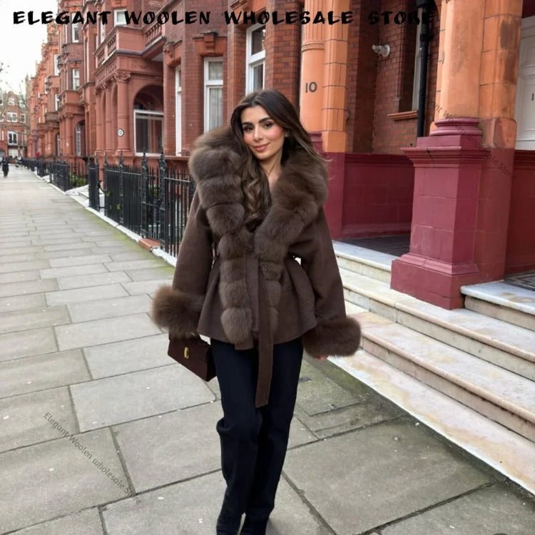 Real Fur Wool Jacket Fashion Reality Fur Jacket Women Natural Fox Fur Cuffs Winter Clothing Female Elegant with Belt Woolen Coat