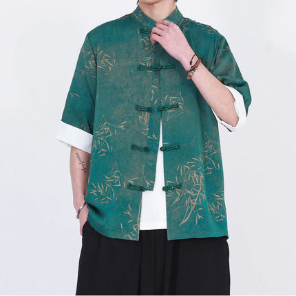 Camicie da uomo estive di lusso in jacquard con foglie di bambù, camicia a maniche corte da uomo in stile cinese tradizionale, camicia casual da uomo per Kung Fu e Tai Chi