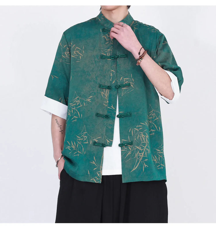Camicie da uomo estive di lusso in jacquard con foglie di bambù, camicia a maniche corte da uomo in stile cinese tradizionale, camicia casual da uomo per Kung Fu e Tai Chi