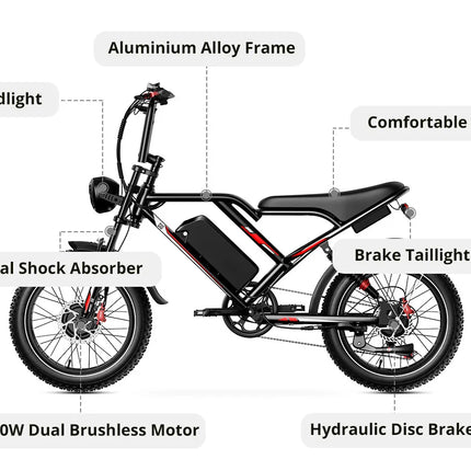 Bicicletta elettrica HiQiS S8 con motore da 25 km/h, 48V 25AH, doppia sospensione, pneumatici fat da 20 pollici, lunga autonomia di 50 km, e-bike per adulti