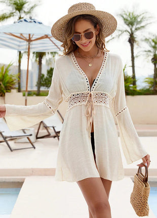 Copricostume da spiaggia Manica lunga con scollo a V Pareo Abbigliamento da spiaggia Protezione solare Abbigliamento da spiaggia lavorato a maglia Copricostume in pizzo Abito da spiaggia per le vacanze platinumshop