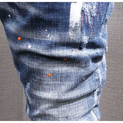 Fashion Streetwear Men Jeans Retro Black Blue Elastic Slim Fit Ripped Jeans Men Spliced Designer Embroidery Hip Hop Denim Pants PlatiNum