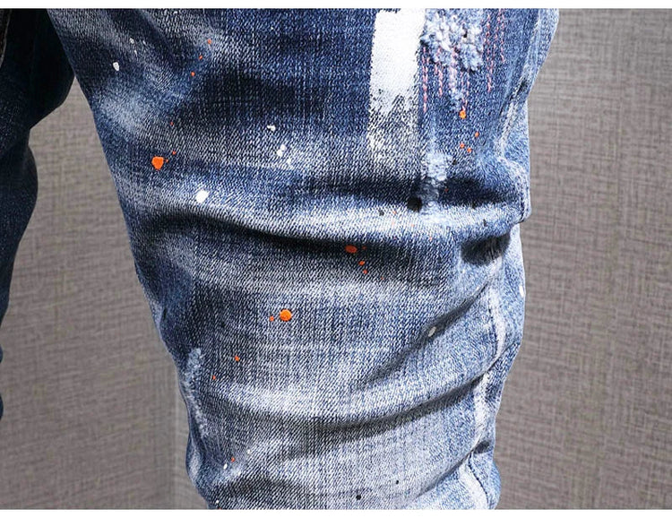 Fashion Streetwear Men Jeans Retro Black Blue Elastic Slim Fit Ripped Jeans Men Spliced Designer Embroidery Hip Hop Denim Pants PlatiNum
