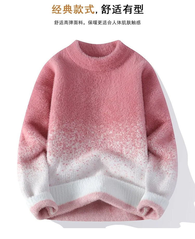Imitation Mink Sweater for Men's Gradient Knitted Sweater for Couples Round Neck Thickened Warm Casual Pullover
