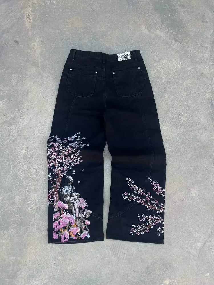 Jeans Oversize Y2K con Stampa Geometrica e Fiori di Ciliegio, Stile Harajuku, Pantaloni Larghi Casual da Donna
