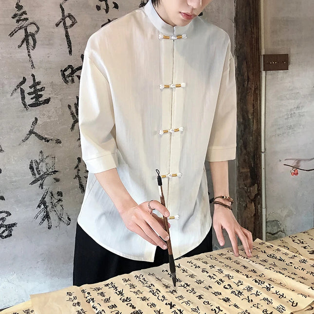 Herrenhemd, Sommer, dünn, japanischer Stil, traditionell, Retro, Leinen, Kurzarm, atmungsaktiv, bequem, lässig, modisches Herrenhemd