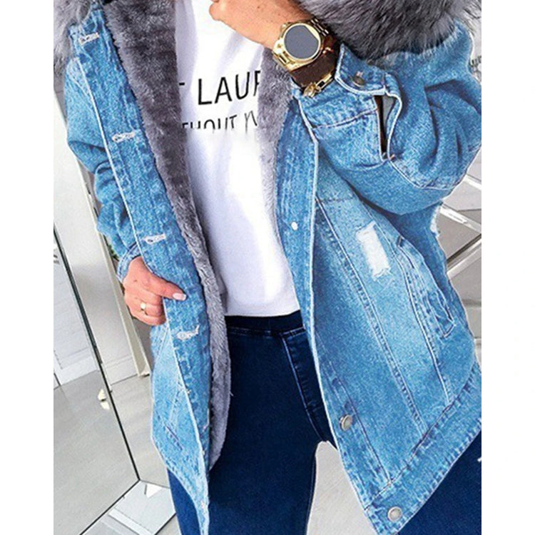 Autumn Women Vintage Hooded Denim Jackets Wth a Large Fluffy Collar Frayed Design Buttoned Overcoat