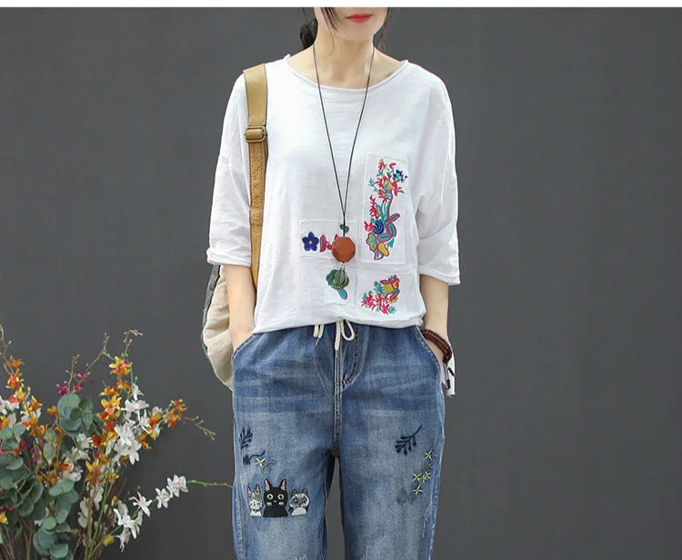 Amax luluE 2025 Moda Estate Streetwear Pantaloni in denim Donna Vintage Jeans elastici Donna Casual Allentato Ricamo Pantaloni Harem