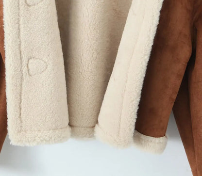  YENKYE Retro Horn Button Faux Suede Lambswool Jacket Coat For Women Lapel Collar Long Sleeve Autumn Winter Warm Outerwear