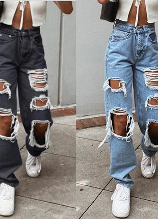 Jeans in denim effetto consumato da donna Pantaloni a tubo larghi casual dritti con foro strappato Street Style