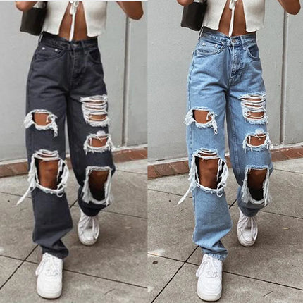 Jeans in denim effetto consumato da donna Pantaloni a tubo larghi casual dritti con foro strappato Street Style