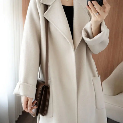 100% Wool Coat Women's Wear 2026 Autumn/Winter Fashion Temperament Double sided Cashmere Coats with Belt Elegant Long Overcoat