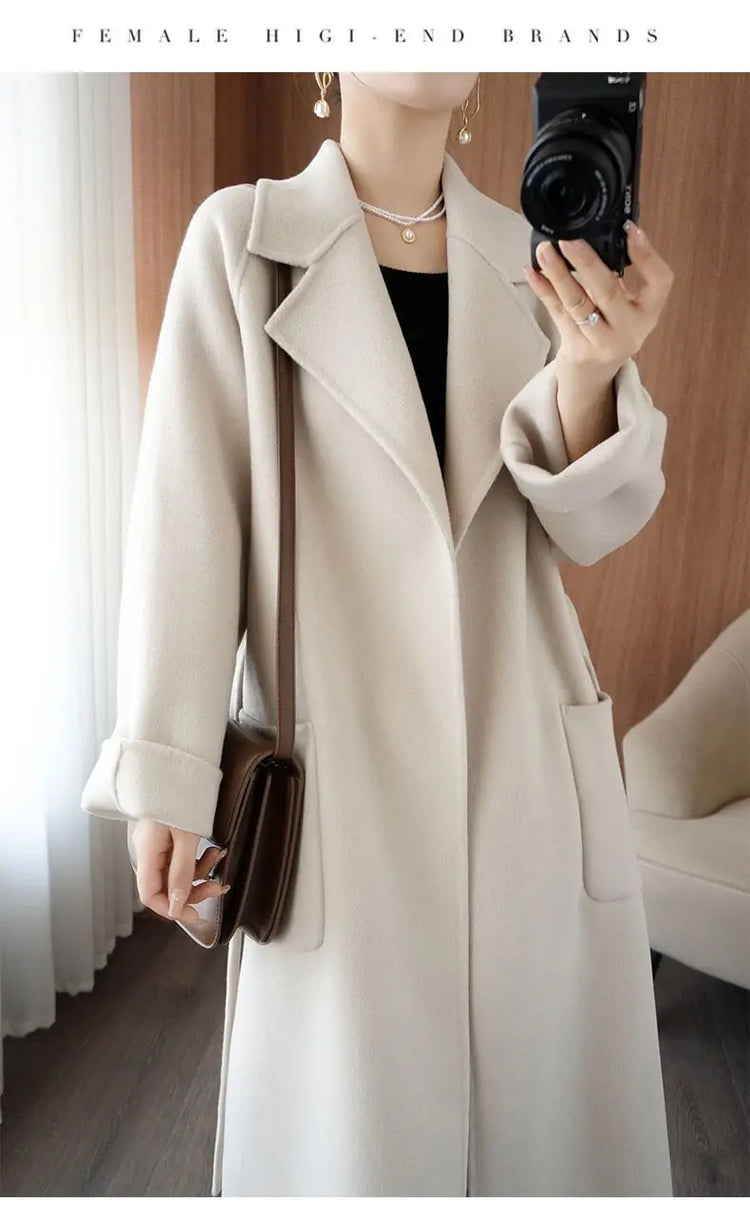 100% Wool Coat Women's Wear 2026 Autumn/Winter Fashion Temperament Double sided Cashmere Coats with Belt Elegant Long Overcoat