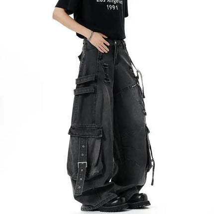 IEFB Jeans da uomo stile americano tinta unita multi tasche pantaloni casual usurati decostruzione pantaloni in denim a gamba larga 9W4066