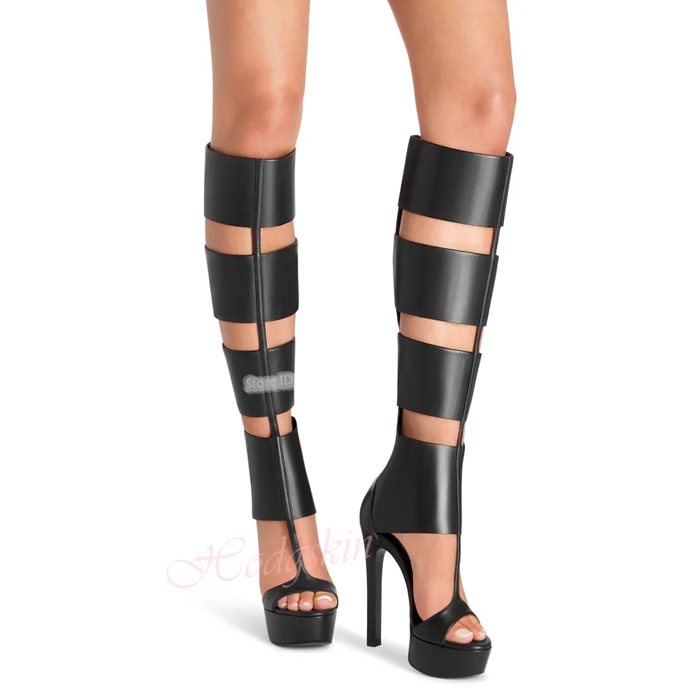 Cut Outs Platform Sandals Thin High Heels Solid Zipper Knee High Women Summer Shoes Open Toe Sexy Style Casual Party Designer