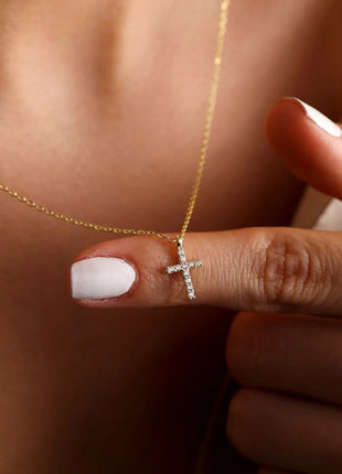 Danity Cubic Zirconia Cross Pendant Necklace for Women, Stainles Steel Chain Adjustable PlatiNum