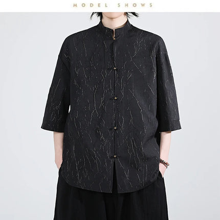 Camicia stile cinese da uomo lamina d'oro elegante vestibilità ampia camicie a maniche lunghe ispirate all'annata camicette sottili estive casual abbigliamento da uomo