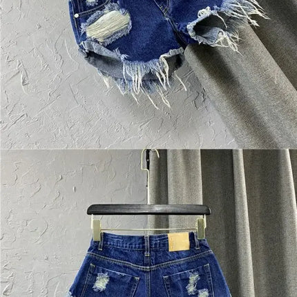 Shorts in denim da donna a vita alta, strappati, con orlo grezzo e sfilacciato, casual, hot pants