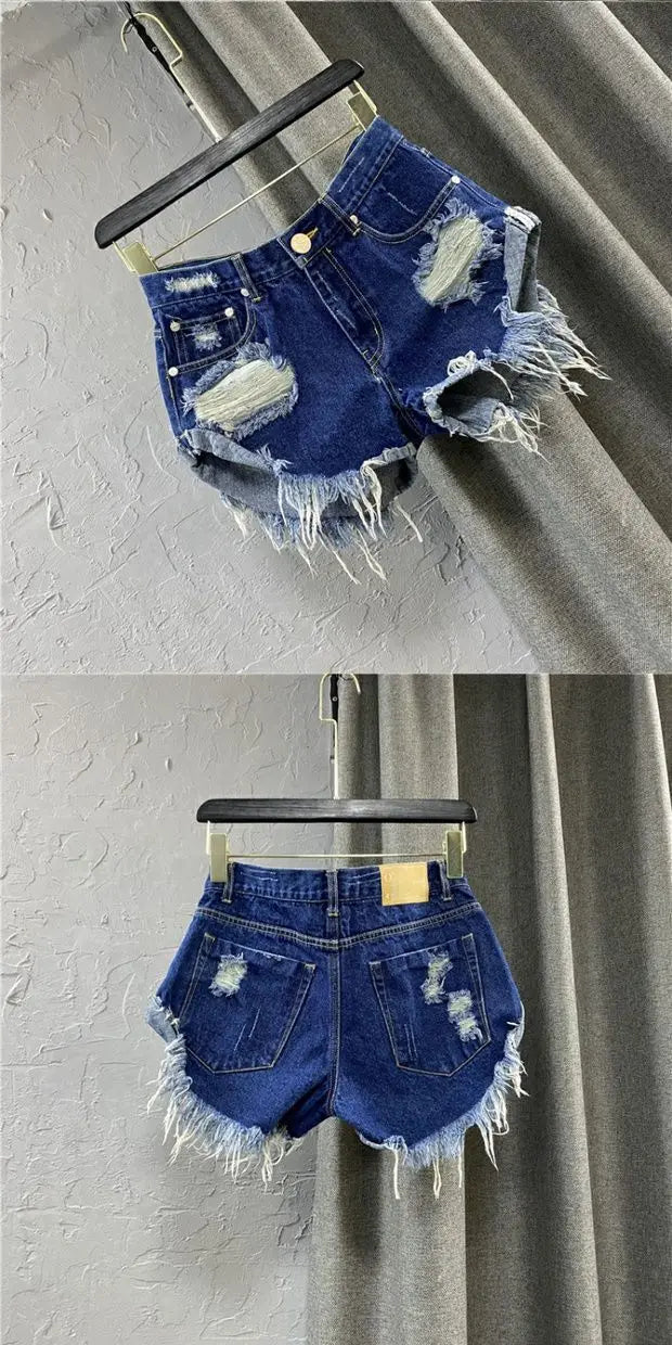 Shorts in denim da donna a vita alta, strappati, con orlo grezzo e sfilacciato, casual, hot pants