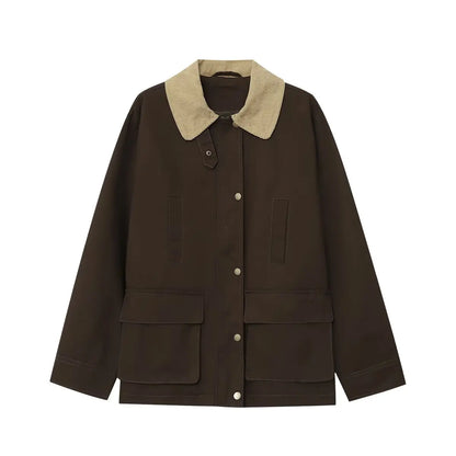 CNlalaxury Women 2025 Autumn New Fashion Contrast Collar Long Sleeve Jacket Casual Warm Coat High Street Outerwear Mujer