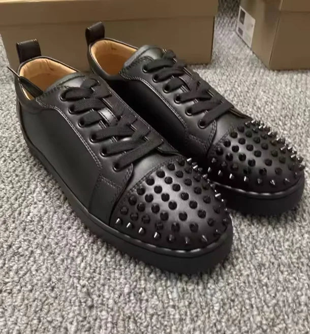 Men's Studded Genuine Leather Sneakers | Round Toe Lace-Up Flat Comfortable Spring Casual Fashion Shoes