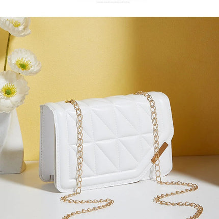 Trendy Embroidered Square Bag  - Diamond Pattern Shoulder Purse with Chain Strap & Magnetic Closure PlatiNum