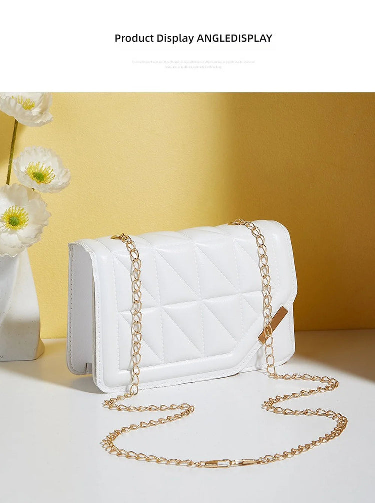 Trendy Embroidered Square Bag  - Diamond Pattern Shoulder Purse with Chain Strap & Magnetic Closure PlatiNum
