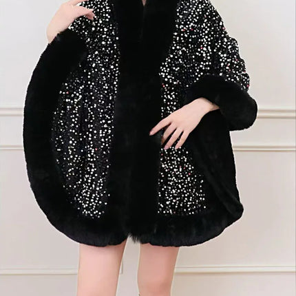 ZADORIN Fashion Sequins Long Furry Warm Faux Fur Coat Woman Autumn Winter Fur Cape Ponch Wedding Party Fur Shawl Cloak Cardigans
