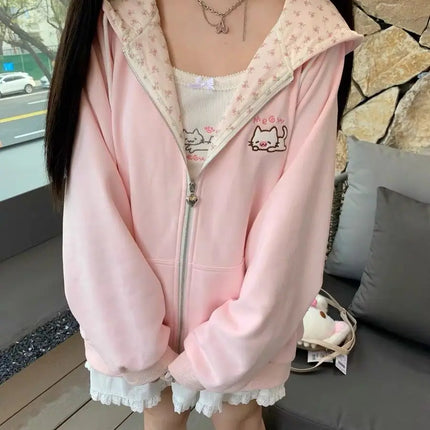 Y2k Hoodies Green Kawaii Cat Floral Print Hooded Zip-up Woman Sweatshirts Pink Thin Jacket Spring Fall Clothes Cute Streetwear