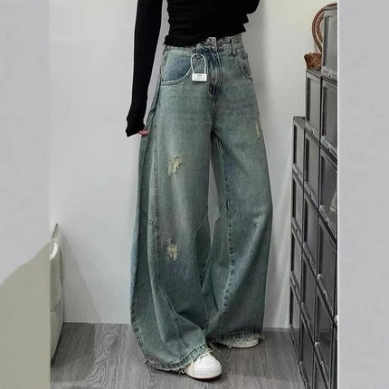 Jeans Vintage a Vita Alta con Effetto Invecchiato per Donna, Pantaloni Larghi a Gamba Dritta e Lunga per Primavera e Autunno