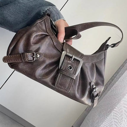 Y2K Vintage Distressed Leather Women Bag Shoulder Bag Maillard Style Underarm Purse Two Tone Crossbody Bag for Women PlatiNum