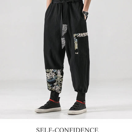 Pantaloni da uomo Costume da samurai giapponese Ukiyo-e Cintura con stampa Pantaloni stile harem da uomo in cotone e lino Pantaloni casual Harajuku da uomo Taglie forti 5XL