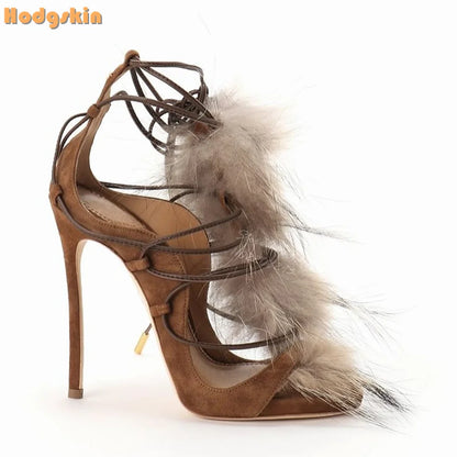 Retro Faux Fur Strappy Sandals Round Toe Cross-tied Stiletto Suede Lace-up Dress Shoes Thin High Heels 2025 Spring New Women