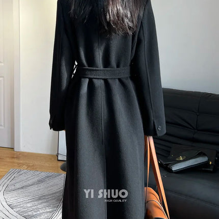 High-end White Thick Double-sided Wool Cashmere Coat Long Women Fashion Casual Loose Lapel Lace-up Woolen Jacket Autumn Winter