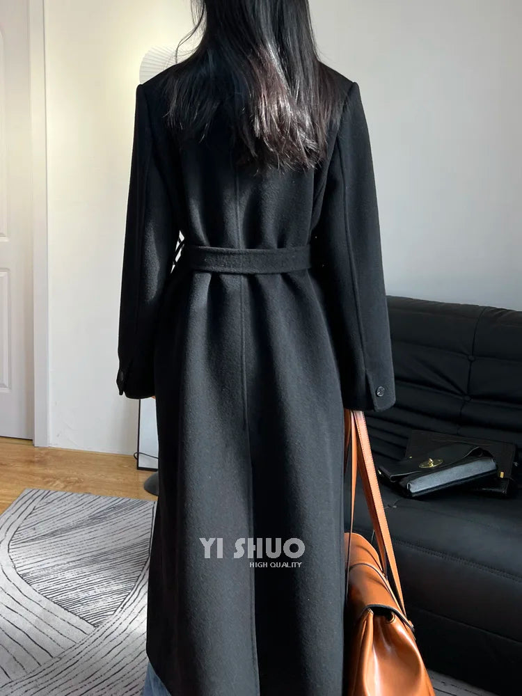 High-end White Thick Double-sided Wool Cashmere Coat Long Women Fashion Casual Loose Lapel Lace-up Woolen Jacket Autumn Winter